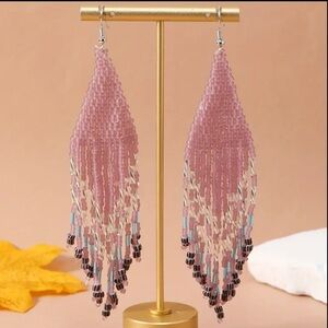 Long Multi Color Floral Seed Bead Boho Tassel Earrings